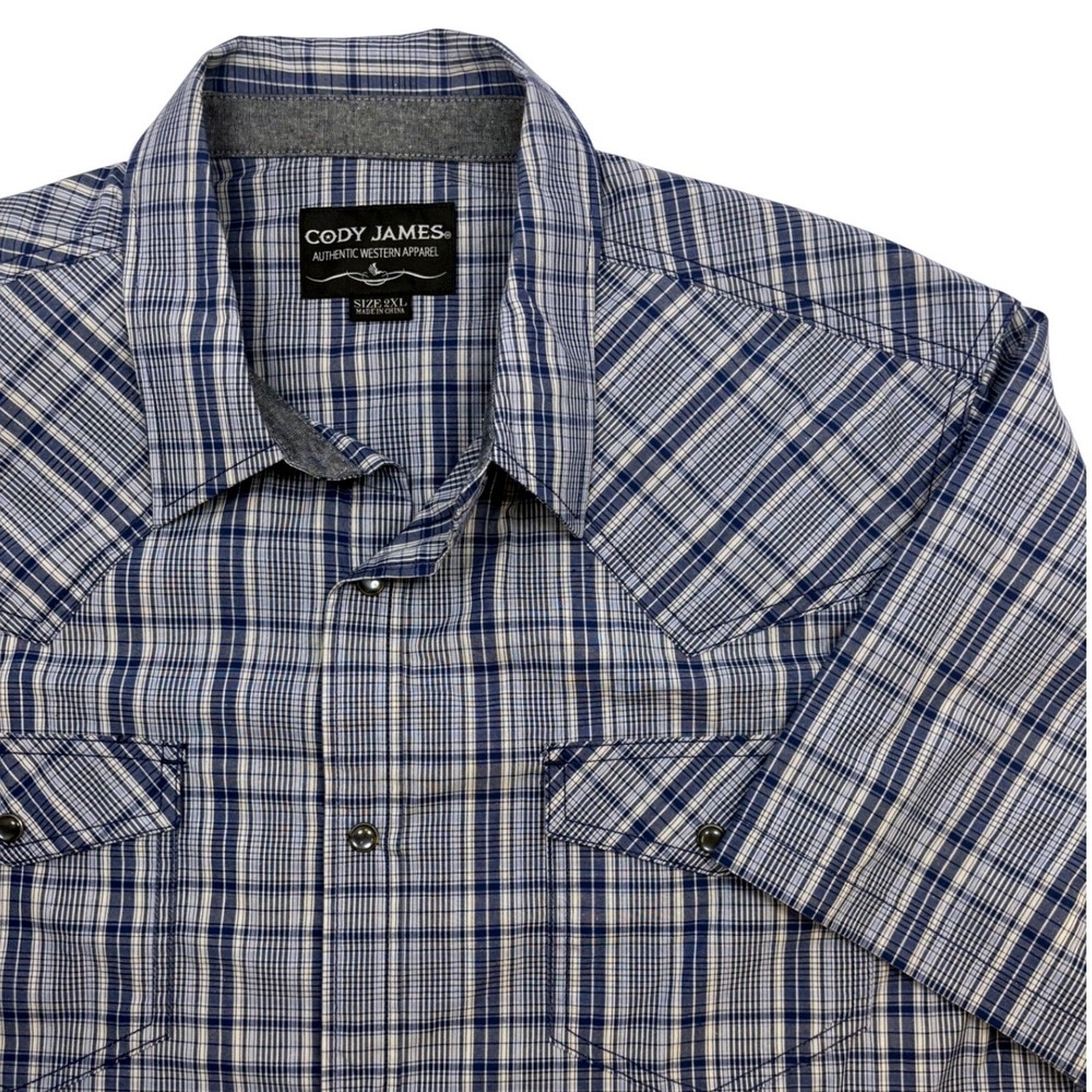 Cody James Mens 2XL Blue Plaid Pearl Snap Short Sleeve Western Shirt 26x33